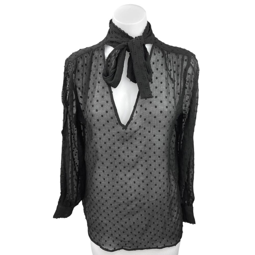 Stradivarius Black Deep V-Neck Polka Tie Neck Long Sleeve Sheer Blouse Top Sz M